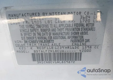 2022 Nissan Versa 1.6 Sv Xtronic Cvt z USA, uszkodzony, nr VIN 3N1CN8EV1NL859872